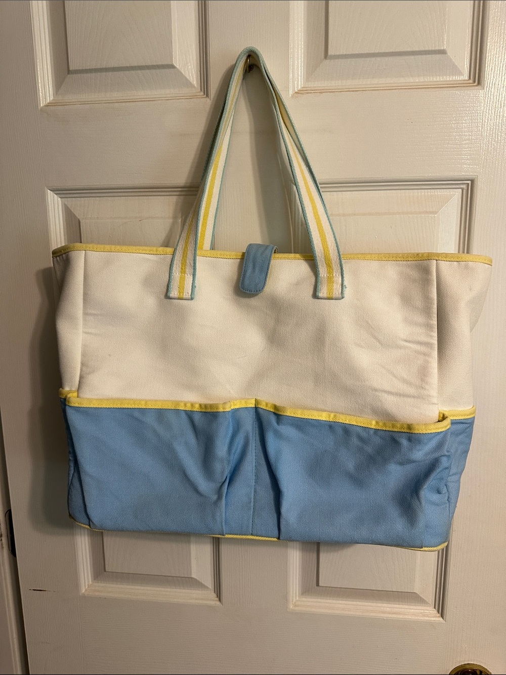 Lilly Pulitzer Cream and Light Blue Canvas Tote with Yellow Trim